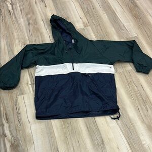 Msport Green, cream and Blue Hooded windbreaker Jacket size M. Pockets in front.